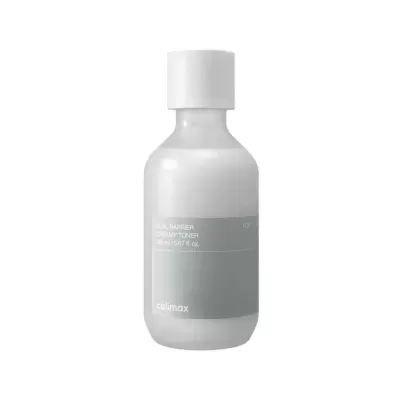 Frasco branco de plástico com rótulo cinza de tónico dual barrier creamy toner da celimax