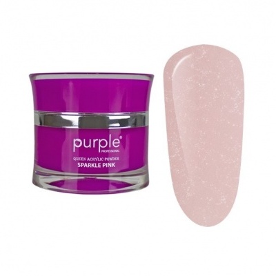 Frasco de pó acrílico para unhas cor rosa cintilante com amostra da cor aplicada