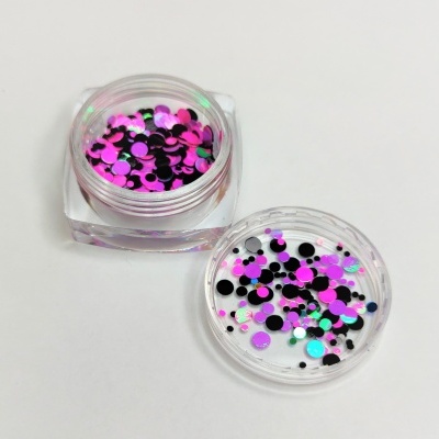 Frasco com glitter colorido rosa, preto e verde fluorescente e tampa aberta