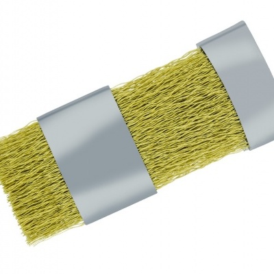 Escova de arame com cerdas douradas e bandas metálicas prateadas