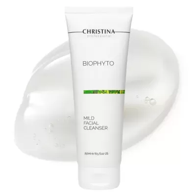 Gel limpador facial BIOPHYTO da CHRISTINA em tubo branco com textura gel ao fundo
