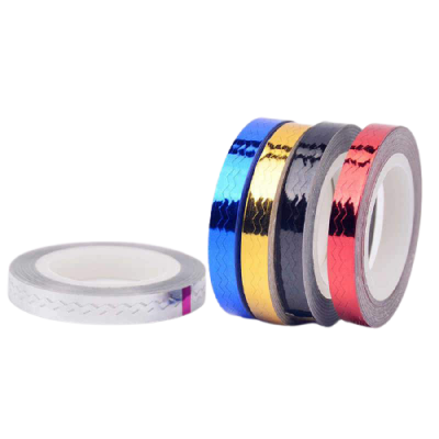 Conjunto de cinco rolos de fita adesiva decorativa em várias cores metálicas.