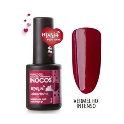 Frasco de verniz gel Inocos vermelho intenso com amostra da cor