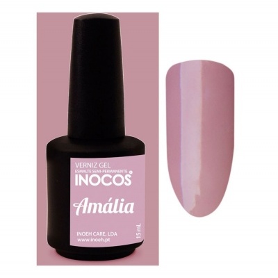 Frasco de verniz gel preto com rótulo rosa e amostra de cor rosa claro