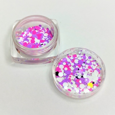 Recipientes transparentes com glitter colorido rosa e roxo