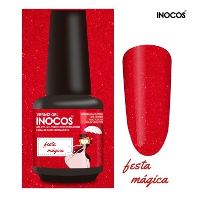 Verniz gel vermelho glitter INOCOS com rótulo e amostra de cor