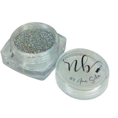 Pote transparente com glitter prateado e tampa com texto