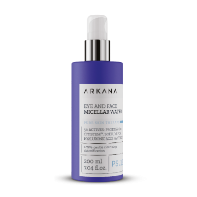 Frasco azul de água micelar Arkana para olhos e rosto com tampa branca