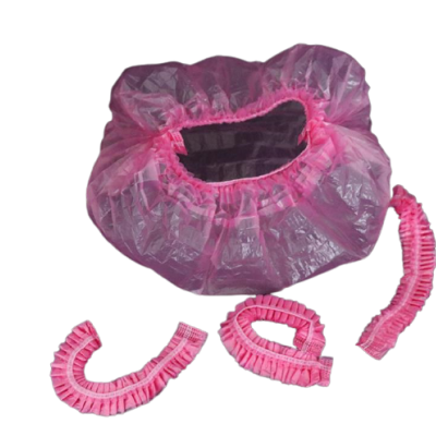 Touca de proteção descartável rosa em plástico com elástico e três elásticos extras