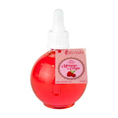 Frasco redondo vermelho com conta-gotas branco e rótulo rosa de óleo para cutículas Morango e Cereja sbnails