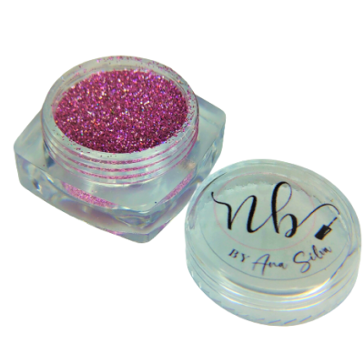 Pote transparente com glitter rosa e tampa com texto nb BY Ana Silva