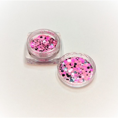 Recipientes transparentes com glitter rosa e prateado.