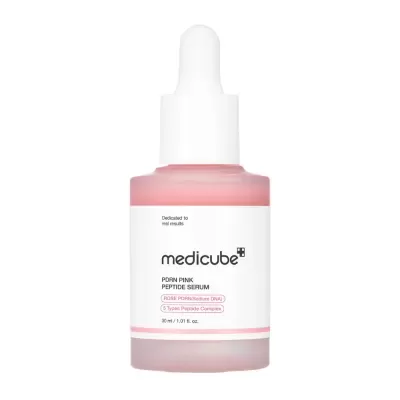 Frasco de sérum de pepetídeos medicube cor-de-rosa com conta-gotas branco