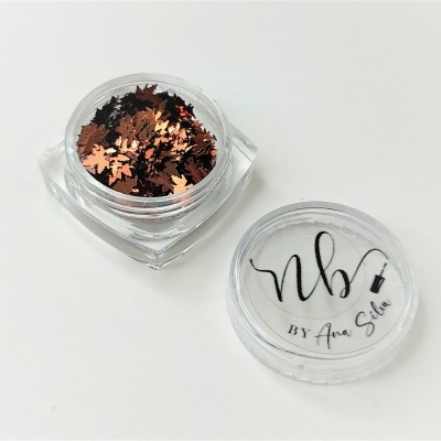 Pote com glitter em forma de folhas metálicas cobre e tampa com texto nbj BY Ana Silva