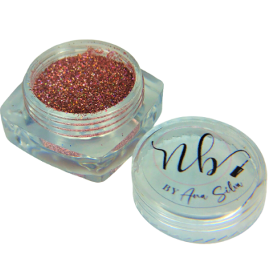 Pote plástico transparente com glitter e tampa removida com texto