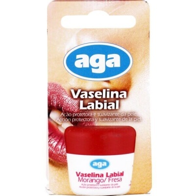 vaselina labial aga morango/fresa com tampa vermelha e embalagem com imagem de lábios