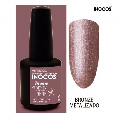 Frasco de verniz gel INOCOS bronze metalizado com amostra da cor