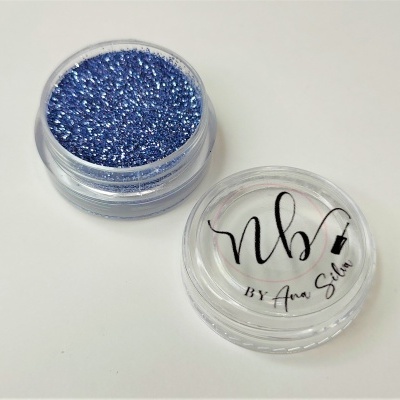 Pote plástico transparente com glitter azul e tampa com etiqueta nb BY Ana Silva