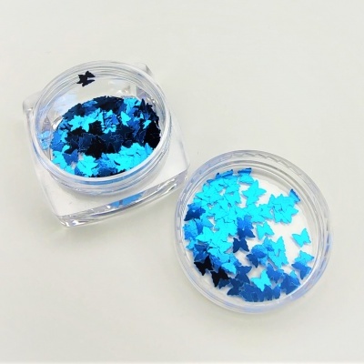 Frascos transparentes com glitter em forma de borboletas azuis