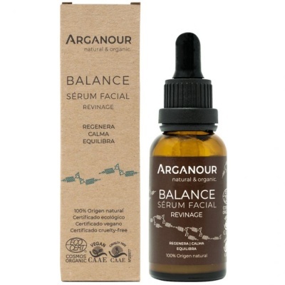 Sérum facial Arganour Balance com embalagem e caixa castanha e conta-gotas preto