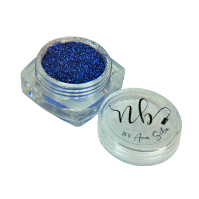 Pote de glitter azul escuro com tampa transparente rotulada