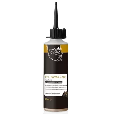 Frasco de tónico capilar Real Natura Pro-Bomba Café com aplicação fina