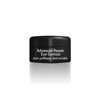 Pote preto de creme para contorno dos olhos com texto 