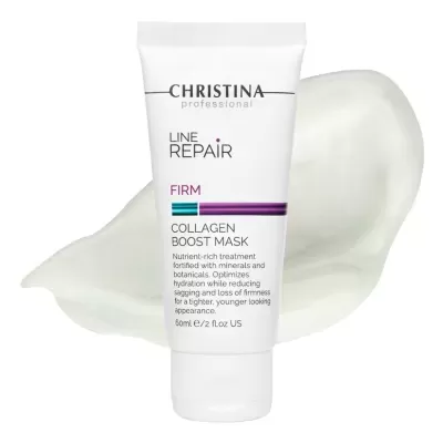 Tubo branco com máscara facial Christina Line Repair Collagen Boost Mask em fundo branco com textura cremosa.