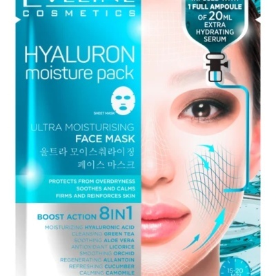 Embalagem azul e branca de máscara facial hidratante Eveline Cosmetics com texto em inglês e coreano