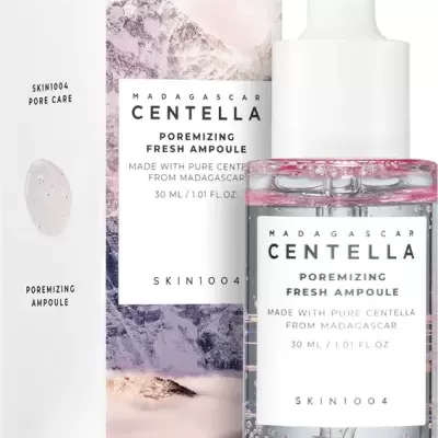 Frasco transparente com ampola de pele rosa e caixa com imagem de montanhas