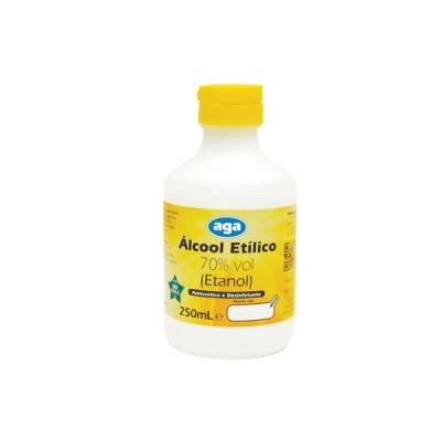Frasco branco com álcool etílico 70% vol e tampa amarela