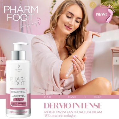 Frasco de creme hidratante anti-calosidades com doseador, mulher aplicando creme no braço, selo NEW!