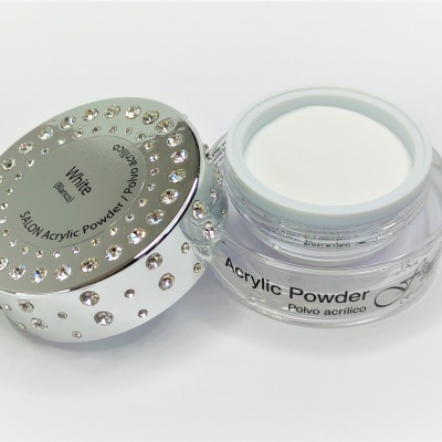 Pote de pó acrílico branco para unhas com tampa prateada e cristais, sobre fundo branco