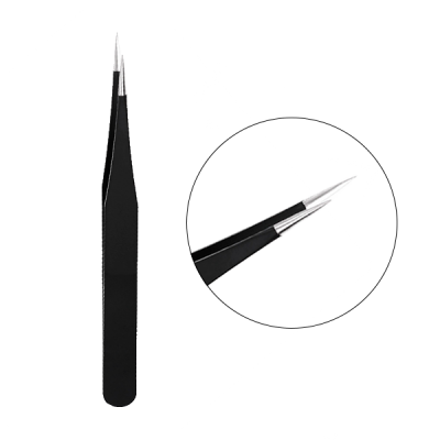 Pinça preta metálica com pontas finas e inclinadas