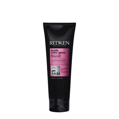 Frasco preto de 250 ml do produto REDKEN acidic color gloss com rótulo rosa e cinzento