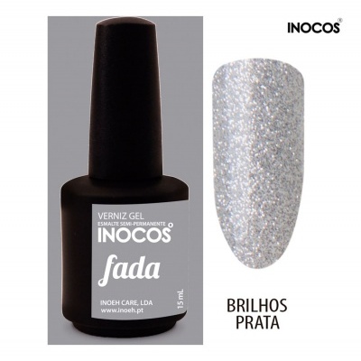 Verniz gel INOCOS fada 15 ml preto com amostra glitter prata