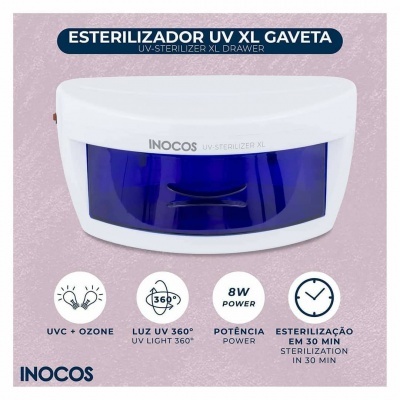 Esterilizador UV XL GAVETA branco com porta azul translúcida e texto explicativo em fundo rosa