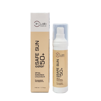 Frasco e caixa de protetor solar InLab Medical Safe Sun Color 50+ com tampa transparente
