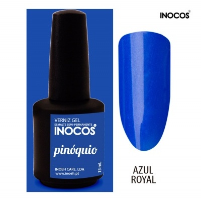 Frasco de verniz gel azul royal INOCOS pinóquio e amostra da cor