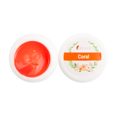 Gel para unhas coral em recipiente branco com tampa decorada e texto