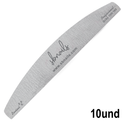 Lima de unha cinza claro com texto impresso e formato curvo