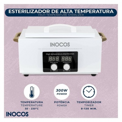 esterilizador branco com visor digital e pegas castanhas