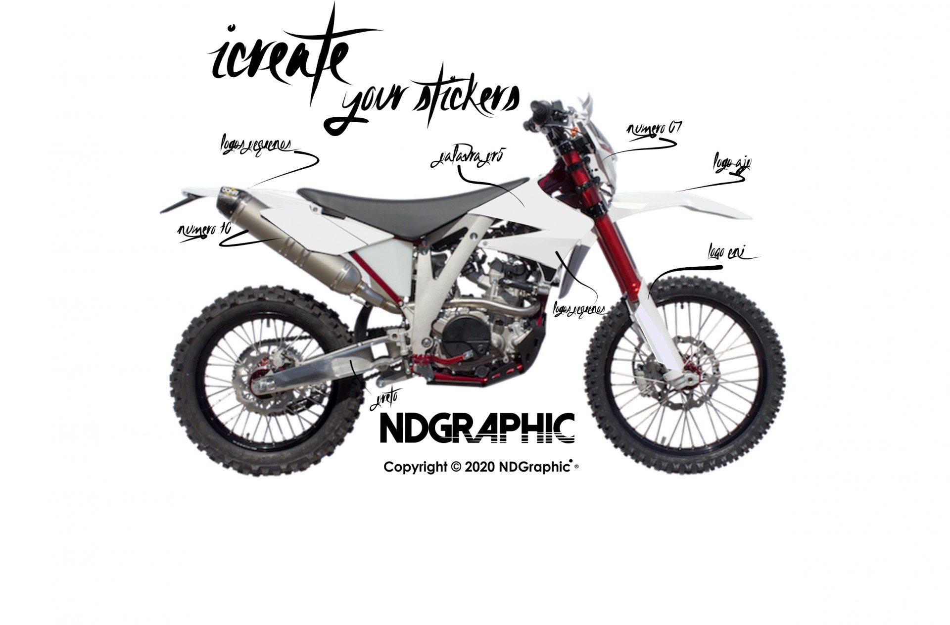 "ICreate" Series - AJP Motociclo de competição branco e vermelho com pneus pretos e texto promocional numa imagem com fundo branco