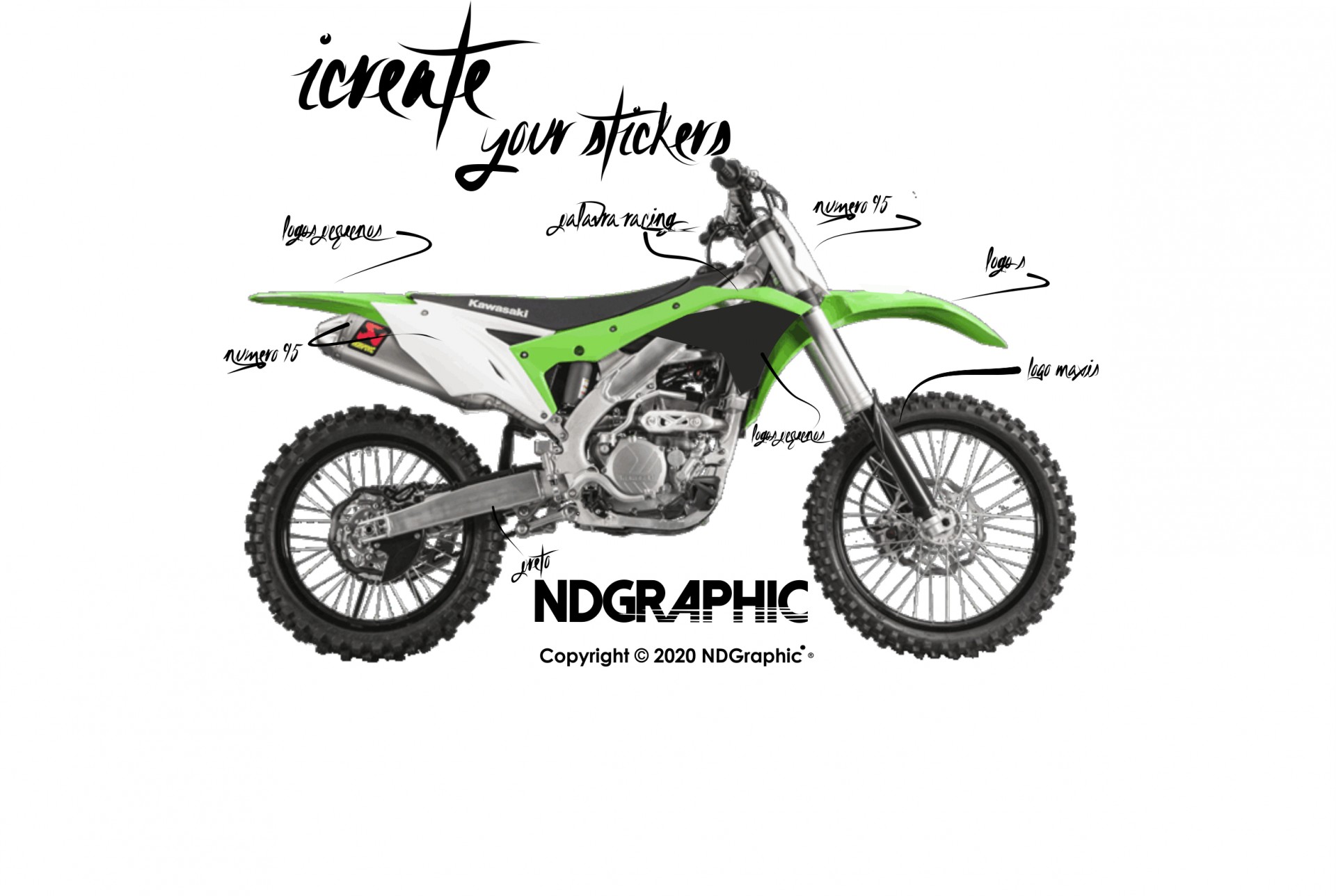 "ICreate" Series - Kawasaki Mota de motocross verde e branca com texto manuscrito e logo NDGraphic