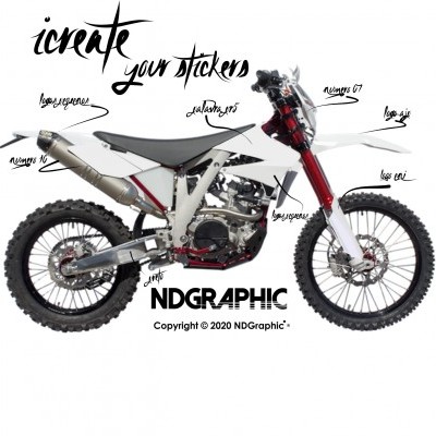 Motociclo de competição branco e vermelho com pneus pretos e texto promocional numa imagem com fundo branco