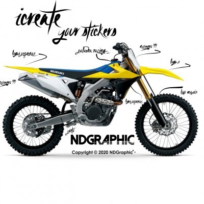 Motocross amarela, azul e branca com texto promocional