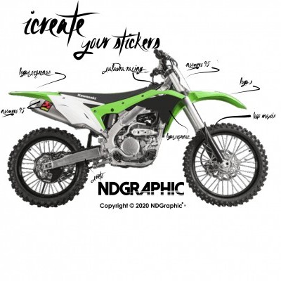 Mota de motocross verde e branca com texto manuscrito e logo NDGraphic