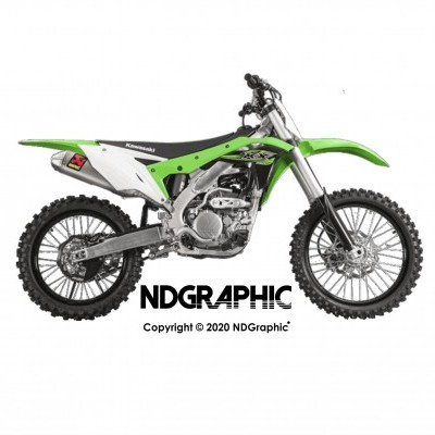 Motocross verde e branco com motor exposto em fundo branco