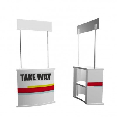 Balcão promocional branco com faixas coloridas e texto 'TAKE WAY'.