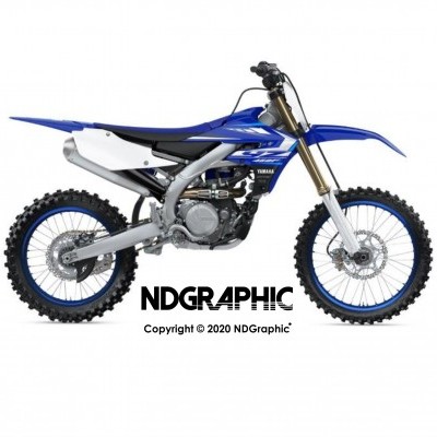 Motocross azul com pneus de terrenos irregulares, estrutura metálica cinzenta e texto NDGRAPHIC